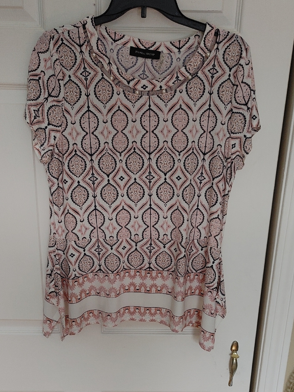 Ivanka Trump Pink and Black Geometric Short Sleeve Top